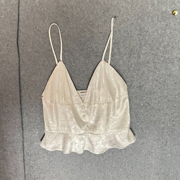 Ivory Satin Sz Medium Cami w FLAW Coquette Y2K Cropped  Peplum Strap Smocked - Picture 5 of 8